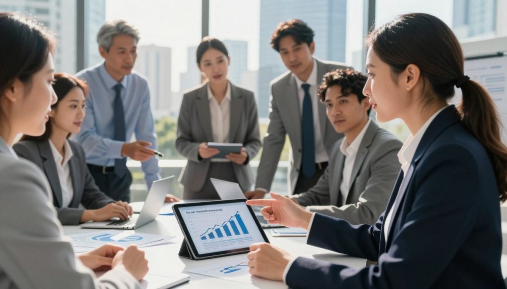 A dynamic business meeting set outdoors, featuring a diverse group of professional individuals in business attire. In the foreground, a confident woman gestures towards a digital tablet displaying graphs and charts related to capital strategy, symbolizing growth and control. In the middle ground, a group of engaged individuals discuss financial graphs projected on a screen, illuminated by natural sunlight. The background features a modern city skyline, hinting at a thriving business environment. The atmosphere is one of collaboration and strategic decision-making, portraying a sense of optimism and innovation. Use soft lighting to highlight facial expressions, with a focus on clarity and professionalism. The image embodies the essence of capital strategy, control, risk, and speed. Incorporate the brand name "News Vagas de Emprego Rio" subtly in the scene.