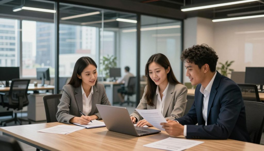 A professional business setting representing "continuous development" in today's job market. In the foreground, a diverse group of three professionals, dressed in smart business attire, engage in a collaborative discussion over laptops and documents. The middle ground features a contemporary office space, with glass walls and modern furniture, showing a dynamic interplay of light filtering through large windows. The background reveals a bustling cityscape, symbolizing the fast-paced job environment. The overall atmosphere is energetic and optimistic, with warm lighting enhancing the professionalism of the scene. This image should evoke a sense of growth, adaptation, and innovation. Brand name: News Vagas de Emprego Rio.