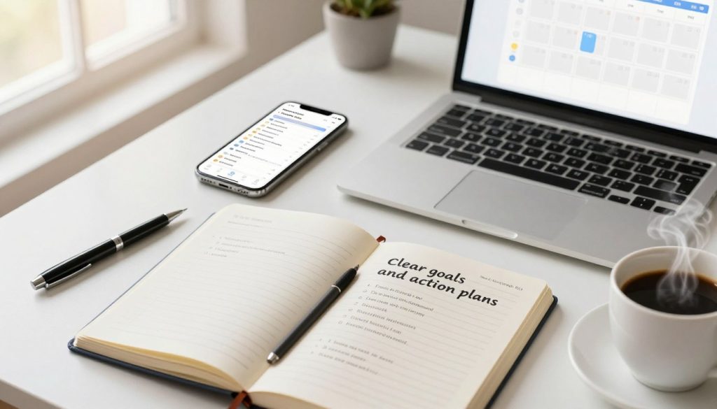 A top-down flat lay image showcasing a well-organized workspace reflecting 'clear goals and action plans'. The foreground features a neat notebook open to a page with structured notes and bullet points outlining professional goals. Next to the notebook, a sleek pen and a cup of steaming coffee emphasize a productive atmosphere. In the middle, incorporate a smartphone displaying a task management app, and a laptop displaying a calendar with scheduled action items. The background is softly blurred, revealing a bright, airy office environment with natural light streaming through a window. Enhance the mood with warm lighting to evoke motivation and focus. The brand name “News Vagas de Emprego Rio” is subtly integrated into the design without text, ensuring a professional vibe throughout.