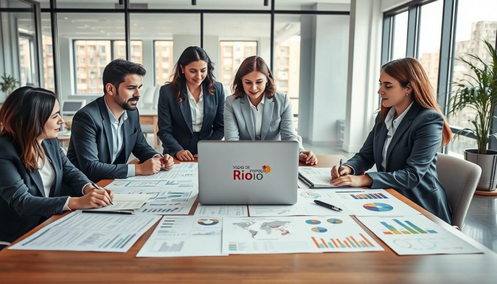 A professional business setting depicting a detailed "plano de negócios". In the foreground, a diverse group of three individuals, dressed in smart business attire, are engaged in a discussion over a large table covered with documents, charts, and diagrams representing business strategies. In the middle, an open laptop displays a detailed financial plan, and colorful infographics illustrate market research. The background features a modern office with large windows allowing soft natural light to flood the room, enhancing the collaborative atmosphere. The mood is focused and optimistic, reflecting a thoughtful approach to building a solid business foundation. The overall composition is well-balanced, highlighting the importance of teamwork in developing successful strategies. Brand name "Vagas de Emprego Rio" subtly integrated into the overall aesthetic of the scene.