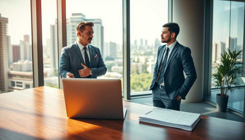 A professional mentor, dressed in smart business attire, stands confidently in an office setting, depicting the theme of career growth. In the foreground, a polished wooden desk holds a sleek laptop beside a notepad filled with handwritten notes. The middle ground features the mentor engaged in a thoughtful conversation with a young professional, possibly looking inspired or contemplative. The background reveals a modern office with large windows, allowing natural light to pour in, creating an uplifting atmosphere. Soft shadows accentuate the figures, enhancing the scene's warmth and making it inviting. An outside view shows a bustling cityscape, symbolizing opportunities and challenges. The overall mood conveys empowerment, encouraging the viewer to embrace strategic thinking in their professional journey. Vagas de Emprego Rio in the style of outdoor professional photography, no text included.