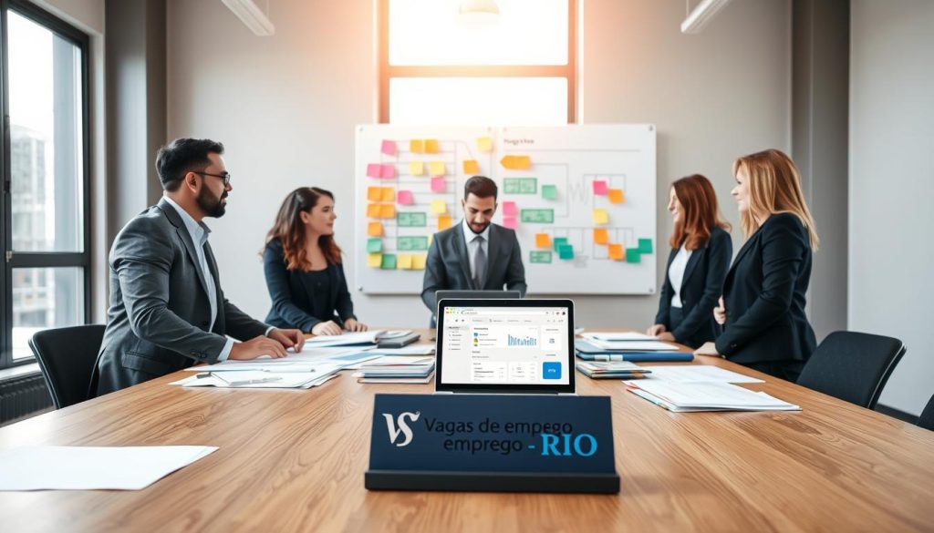 A professional office environment illustrating the concept of task prioritization. In the foreground, a diverse group of three business professionals, a man and two women, are engaged in a focused discussion around a large wooden table strewn with documents and a laptop displaying a project management tool. Their attire is smart-casual, projecting an atmosphere of dedication. The middle ground features a whiteboard with colorful sticky notes and flowcharts, symbolizing organized tasks and strategies. In the background, large windows let in soft, natural light, creating a warm and motivating ambiance. The scene conveys a sense of urgency and discipline essential for professional development. The brand "Vagas de Emprego Rio" subtly incorporated into an object in the scene, like a business card holder on the table.