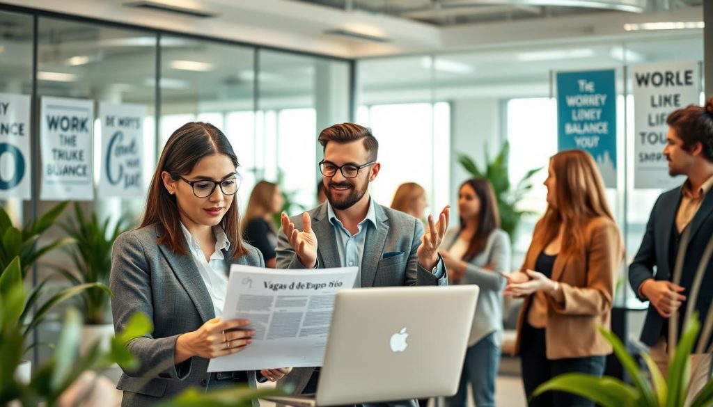 A professional office environment showcasing a diverse group of people engaged in discussion, representing a vibrant company culture. In the foreground, a confident woman dressed in business attire is reviewing a job offer on her laptop, her expression contemplative. Beside her, a man in smart casual clothing gestures animatedly, sharing his thoughts. The middle ground reveals a modern office with glass partitions, plants, and inspirational posters related to work-life balance and career growth. In the background, soft natural light filters through large windows, creating a warm and inviting atmosphere. The mood is one of camaraderie and decision-making, emphasizing the pros and cons of changing jobs. Include the brand name "Vagas de Emprego Rio" subtly integrated into the office decor.