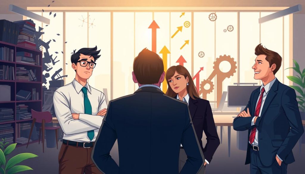 A vibrant illustration representing the contrast between a limiting mindset and a growth mindset in a professional setting. In the foreground, depict two professionals in business attire engaged in a discussion, with one showing a concerned expression, representing a limiting mindset, and the other with an optimistic demeanor, symbolizing a growth mindset. The middle ground features a split scene: on one side, dark and cluttered, reflecting challenges and obstacles; on the other, bright and open, filled with light and symbols of opportunity such as upward arrows and gears. The background features a modern office environment with large windows letting in natural light, conveying an optimistic atmosphere. The focus is on clarity and emotion, capturing the essence of personal and professional growth. The image is to reflect the theme "mentalidade crescimento trabalho" and must not contain any text or watermarks, while subtly weaving in the essence of "News Vagas de Emprego Rio".